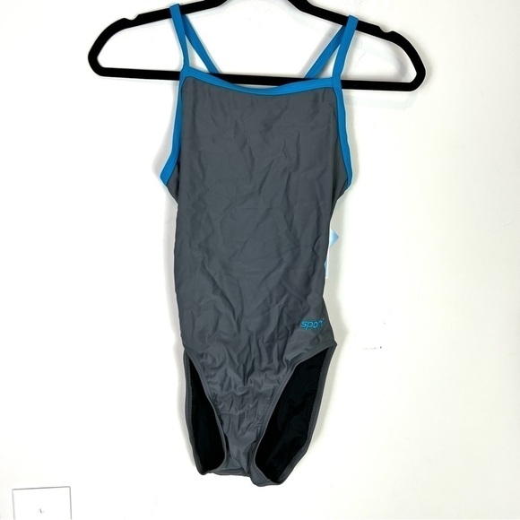 Sporti Swimsuit womens small Solid Piped Thin Strap One Piece Grey/Turquoise - Picture 2 of 8